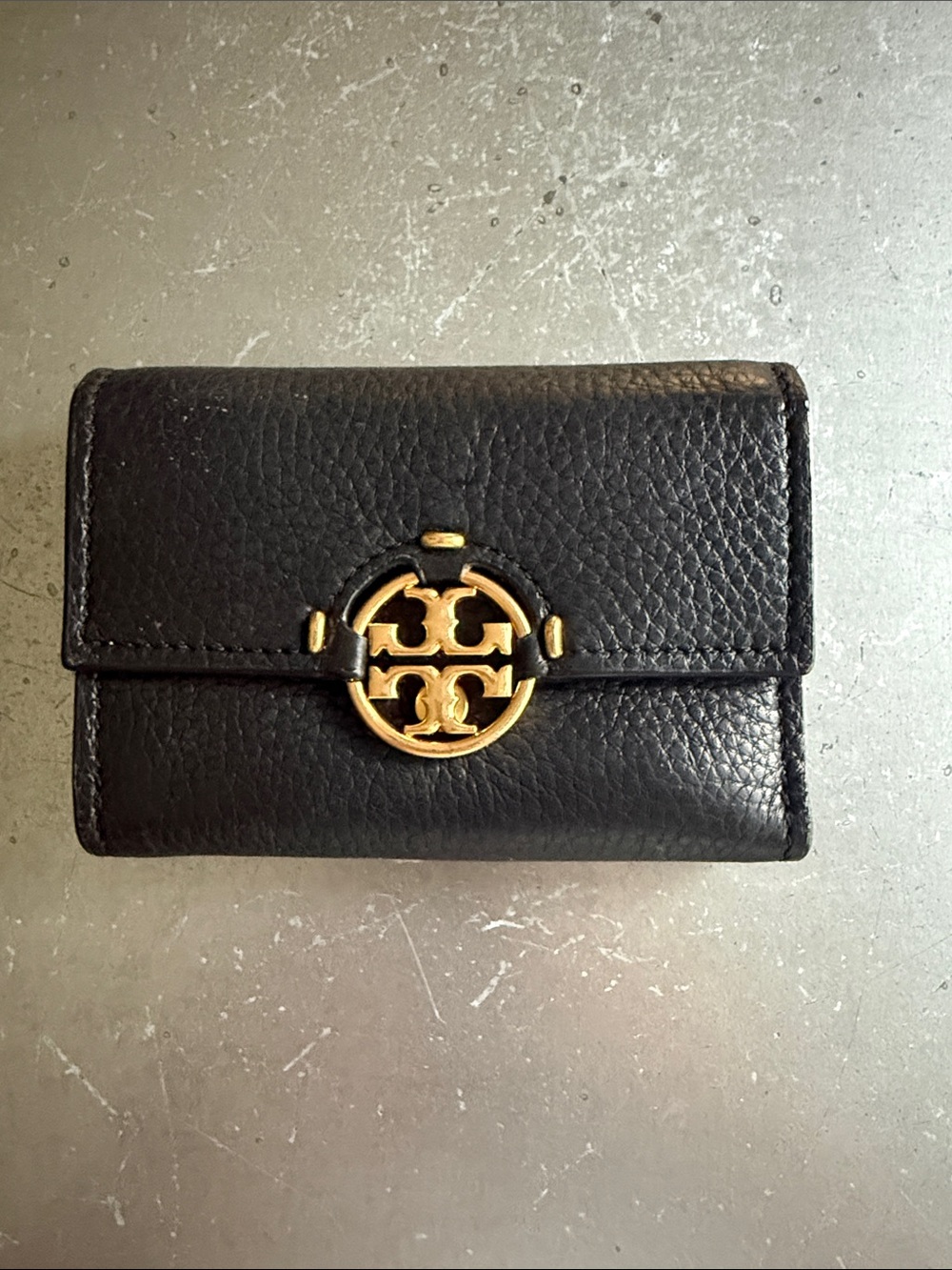 Tory Burch Black Pebbled Leather Miller Medium Flap Wallet with Gold Logo Emblem